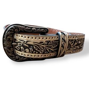 Ariat Women's Western Leather Belt Floral Embossed Glitter Silver Buckle Large